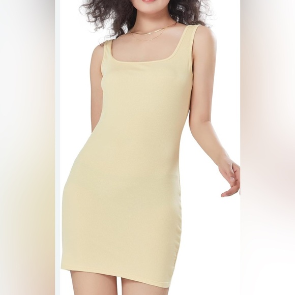 H&M Light Yellow Square Neckline Ribbed Sleeveless Above Knee Midi Dress Size L - Picture 1 of 13